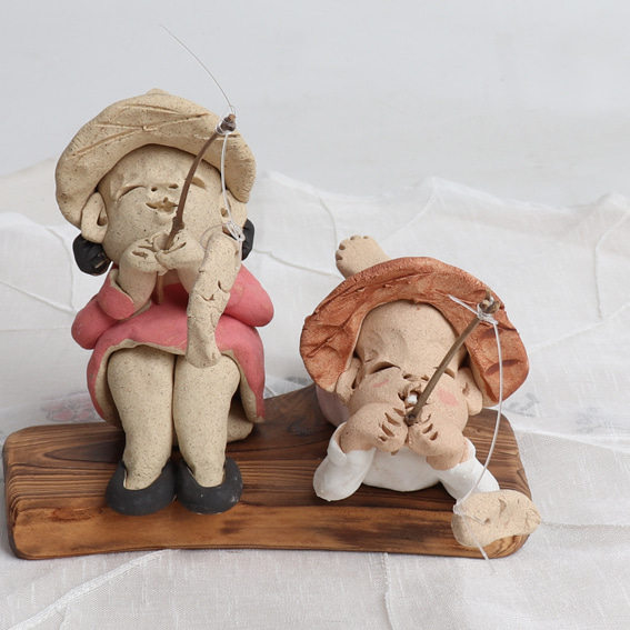 낚시하는 아이들 토기 인형 옛날 인형 전통 공예 소품